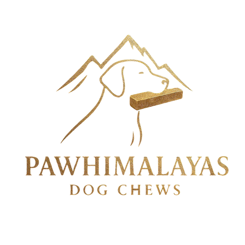Logo of Pawhimalayas Dog Chews with a dog chewing natural himalyan yak chews